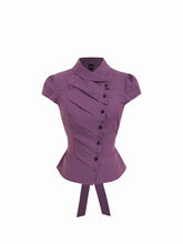 Cotton Plaid Stand Collar Puff Sleeve Tie Back Button Blouse