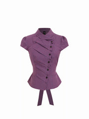 Cotton Plaid Stand Collar Puff Sleeve Tie Back Button Blouse