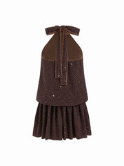 Rhinestone Halter Neck Ruffle Hem Bowknot Mini Dress