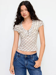 U-neckline Tartan Short Sleeve Top