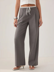 Mid Rise Drawstring Pleated Straight Leg Trousers