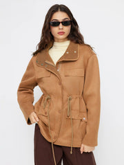 Faux Shearling Collar Drawstring Zip Through Longline Oversized Jacket