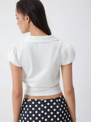 Cotton-blend Polo Neck Puff Sleeve Drawstring Top