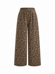 Mid Rise Leopard Print Elastic Waist Wide Leg Trousers