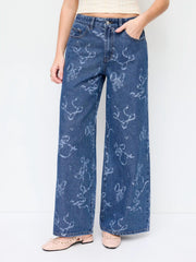 Washed Denim Low Rise Bowknot Graphic Oversized Wide Leg Jeans