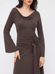 Cowl Neck Bell Sleeve O-Ring Ruched Ruffle Hem Midi Dress