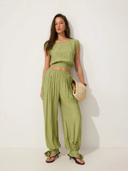 Textured Boat Neck Cut Out Knotted Top & Mid Rise Jogger Pants Set