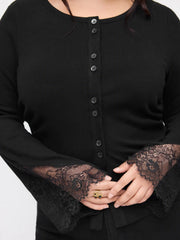 Cotton-blend Round Neckline Long Sleeve Contrasting Lace Top Curve & Plus