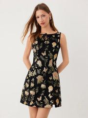 Jacquard Floral Boat Neck Cut Out Mini Dress