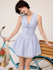 Gingham V-neck Lace Panel Bowknot Babydoll Mini Dress