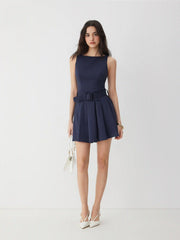 Pleated Belted Sleeveless A-line Mini Dress