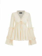 Chiffon V-Neck Knotted Ruffled Bell Sleeve Blouse