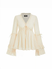 Chiffon V-Neck Knotted Ruffled Bell Sleeve Blouse