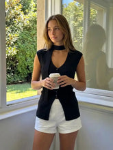 Knit V-neck Solid Button Split Tank Top With Scarf