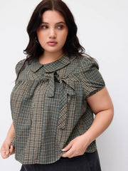 Cotton-blend Peter Pan Collar Check Bowknot Oversized Blouse Curve & Plus