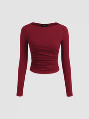Cotton-blend Boat Neck Solid Ruched Long Sleeve Tee