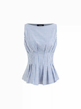 Cotton-blend Boat Neck Stripe Pleated Tank Top