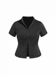 Satin Collar Short Sleeve Shirt Curve & Plus