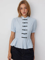 Striped Stand Collar Puff Sleeve Toggle Button Peplum Hem Blouse