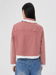 Denim Ruffle Striped Contrasting Binding Collar Jacket