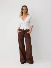 Washed Denim Low Rise Drawstring Wide Leg Jeans
