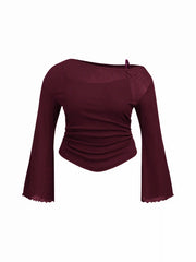 Asymmetrical Neck Ruched Lettuce Trim Tee Curve & Plus