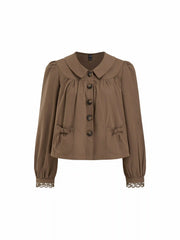 Cotton-blend Collar Puff Sleeve Bowknot Oversized Blouse