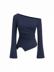 Cotton-blend Asymmetrical Neckline Bell Sleeve Ruched Top