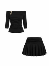 Cotton- blend Off-shoulder Metal Detail Top & Low Rise Ruched Mini Skirt Set