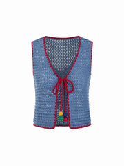 Knit Crochet V-Neck Colorblock Tie Front Bow Oversized Vest