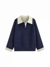 Knit Collar Two Tone Button Long Sleeve Top