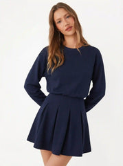 Round Neckline Pleated Long Sleeve Mini Dress