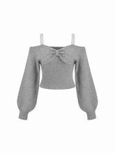 Knit Off-shoulder Lace Lantern Sleeve Bowknot Crop Sweater