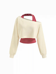 Two Piece Terry Asymmetrical Neck Crop Sweatshirt With Striped Tank Top