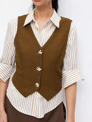 V-neck Metal Button Belted Asymmetrical Hem Blazer Vest