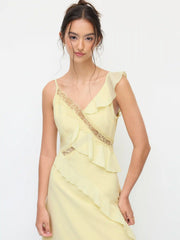 Chiffon V-neck Lace Trim Ruffle Hem Maxi Dress