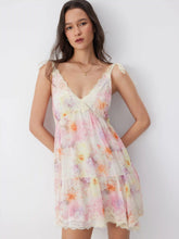 Chiffon Floral V-neck Lace Trim Tie Strap A-line Mini Dress