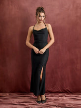Cowl Neck Ruched Tie Back Split Mermaid Maxi Dress