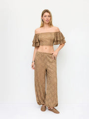 Lace Off-shoulder Ruffle Sleeve Shirred Crop Top