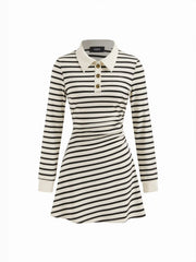 Cotton-blend Stripe Collar Long Sleeve Mini Dress