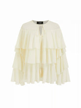 Chiffon Round Neckline Fringe Ruffled Tie Front Oversized Blouse