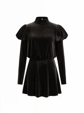 Velvet Stand Collar Ruched Ruffle Hem Mini Dress