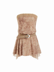 Lace Trim Hanky Hem Belted Bandeau Mini Dress