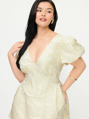 Jacquard V-neck Puff Sleeve Corset A-line Mini Dress Curve & Plus