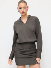 Cotton-blend V-neck Ruched Solid Mini Dress