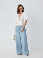 Satin V-Neck Lace Panel Ruffle Sleeve Blouse