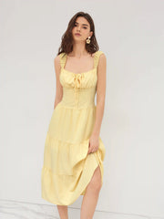 Square Neck Check Tiered Ruffle Maxi Dress