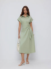Linen-blend Short Sleeve Twist Knotted Shirt Midi Dress