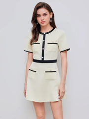 Tweed Round Neckline Contrasting Binding Pearl Button Mini Dress
