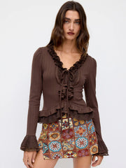 V-neck Lettuce Trim Layered Ruffle Hem Lace Patched Bell Sleeve Top